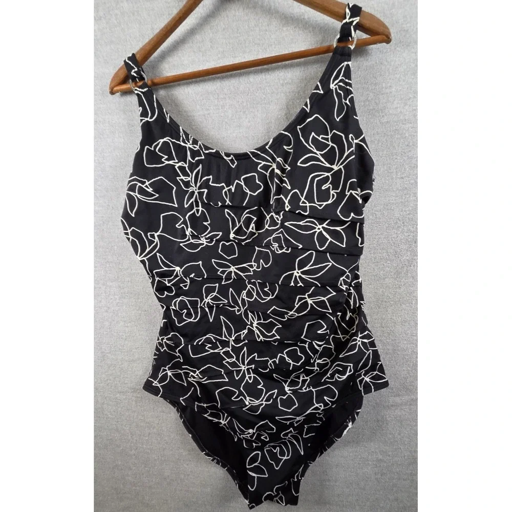 Calvin Klein 18 One Piece Bathing Swim Suit Black White Geo Floral Whimsigoth